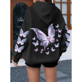 Women'S Butterfly Printed Hoodie, Casual Pullover with Slight Stretch, All Seasons, Polyester, 250g/m² Knit Fabric, Hooded Collar, Large Size