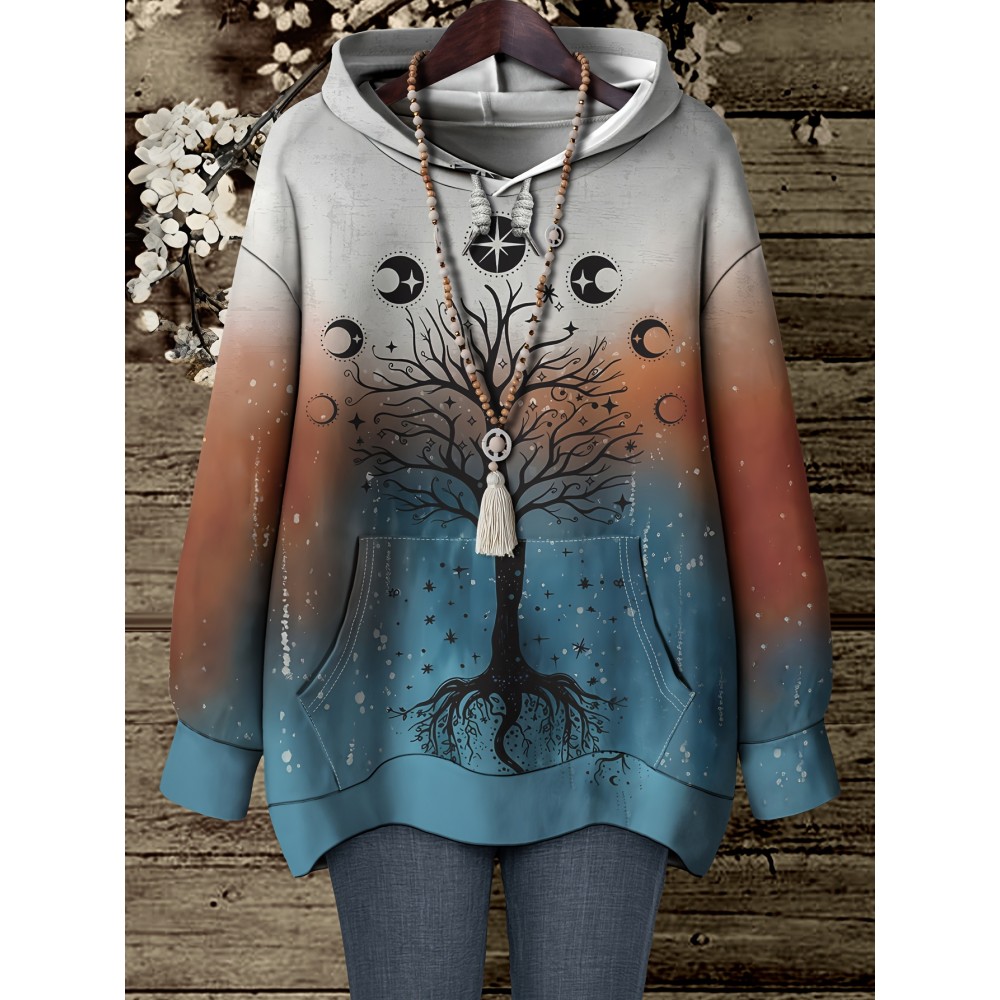 Plus Size, Women's Plus Floral Gradient Print Comfortable Versatile Hoodie, No Accessories Included