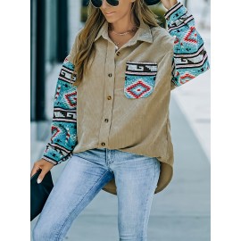 Plus Size, Plus Size Women's Turquoise Southwestern Turquoise & Multicolor Button-Front Sweater - Boho-Chic Southwestern Style with Turquoise, Red, Black, White, Brown, Beige - H-Line Silhouette, All-Season Casual Sweater for Layering or Standalone Outfits (Machine Washable) - Relaxed Fit with Button-Up Front, Non-Stretch Fabric, Button Detailing, and Cultural Southwestern Print, Sweatshirts for Women Plus Size