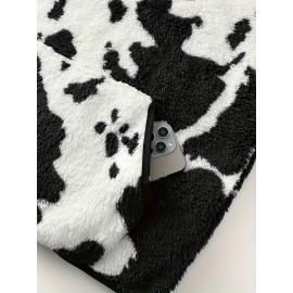 Women's Elegant Half-Zip Hooded Jacket, Plus Size Winter Warmth Coat with Full-Zip Front, Soft Fleece Lining, Animal Print (Cow/Sheep Design), Casual Outerwear, Cold Weather Wear, Stylish Outerwear, Zip-Up Coat