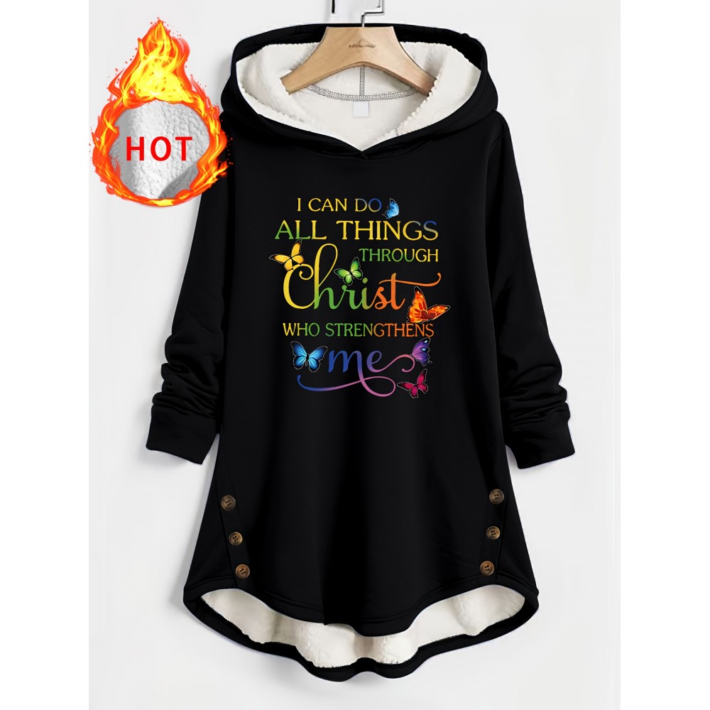 [Christian Faith Hooded Coat] Plus Size - Women's Plus Size Christian Faith Hooded Coat - Lined Hooded Sweatshirt With Bible Verse Print (John 15:5) & Christian Slogan, Casual Pullover For Fall/Winter, Soft Warm Winter Jacket, PLUS SIZE