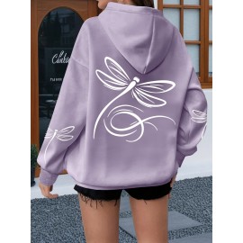 Plus Size, Women's Oversized White Dragonfly Print Hooded Sweatshirt - Long Sleeve Casual Pullover with Drawstring Hood & Kangaroo Pocket, Plus Size All-Season Comfort, Elegant White Sweater for Casual Attire, Machine Washable, Relaxed Fit with Stylish Dragonfly Back Print, Soft Fabric for Layering, Chic and Versatile Women's Fashion