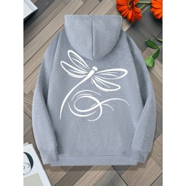 Plus Size, Women's Oversized White Dragonfly Print Hooded Sweatshirt - Long Sleeve Casual Pullover with Drawstring Hood & Kangaroo Pocket, Plus Size All-Season Comfort, Elegant White Sweater for Casual Attire, Machine Washable, Relaxed Fit with Stylish Dragonfly Back Print, Soft Fabric for Layering, Chic and Versatile Women's Fashion
