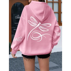 Plus Size, Women's Oversized White Dragonfly Print Hooded Sweatshirt - Long Sleeve Casual Pullover with Drawstring Hood & Kangaroo Pocket, Plus Size All-Season Comfort, Elegant White Sweater for Casual Attire, Machine Washable, Relaxed Fit with Stylish Dragonfly Back Print, Soft Fabric for Layering, Chic and Versatile Women's Fashion