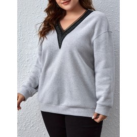[Plus Size Sweatshirt] Plus Size, Autumn and Winter New European Style Plus Size Solid Color V-Neck Lace Elegant Pullover Sweatshirt for Women