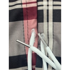 Women's Plus-Size Geometric Color Block Hoodie - Red & Black Plaid Print Pullover with Front Pockets, Cozy Long Sleeve Casual Sweatshirt for All-Season Comfort, Streetwear Style, Trendy Design, Durable Construction, Comfort Seekers