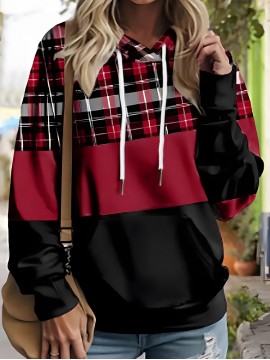 Women's Plus-Size Geometric Color Block Hoodie - Red & Black Plaid Print Pullover with Front Pockets, Cozy Long Sleeve Casual Sweatshirt for All-Season Comfort, Streetwear Style, Trendy Design, Durable Construction, Comfort Seekers