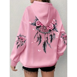 Women'S Plus Size Boho Chic Hoodie - Soft, Comfortable Long Sleeve with Dreamcatcher & Floral Print, Casual Pullover with Pockets for Everyday Wear, Casual Wear Hoodie|Boho Chic Style|Soft Fabric Hoodie