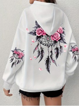 Women'S Plus Size Boho Chic Hoodie - Soft, Comfortable Long Sleeve with Dreamcatcher & Floral Print, Casual Pullover with Pockets for Everyday Wear, Casual Wear Hoodie|Boho Chic Style|Soft Fabric Hoodie