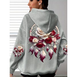 Plus Size - Women'S Plus Size Floral Print Hoodie - Soft, Comfortable Long Sleeve with Pockets, Casual Brown Pullover for All-Season Wear, Casual Wear Hoodie | Floral Print Hoodie | Soft Fabric Hoodie