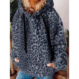 Plus Size Leopard Print Hoodie - Ultra-Soft Fleece Long Sleeve Drawstring Sweatshirt with Spacious Pockets for Women - Vibrant Print Design, Adjustable Fit, and Cozy Comfort