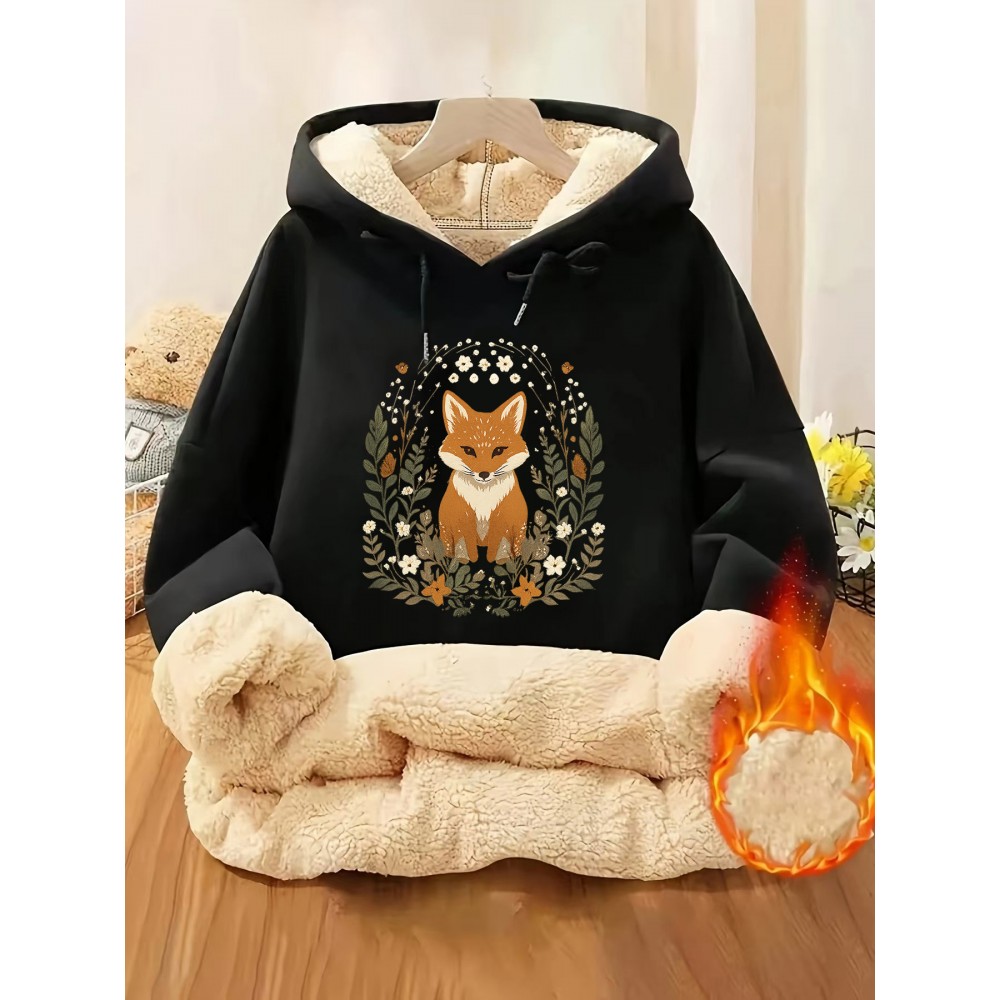 Plus Size - Women'S Cozy Fleece-Lined Hoodie with Fox & Floral Design - Warm Autumn/Winter Pullover, Casual Long Sleeve Sweatshirt, Black, Cozy Clothing | Casual Style Hoodie | Soft Texture Hoodie