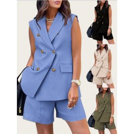 Plus Size - New Plus-Size Professional Double-Breasted Suit for Women, Stylish And Fashionable, Perfect As a Graduation Gift, Wedding Guest Attire, Or a Must-Have for Spring, Summer, And Autumn Work. Sleeveless V-Neck Top And Pants Two-Piece Set.