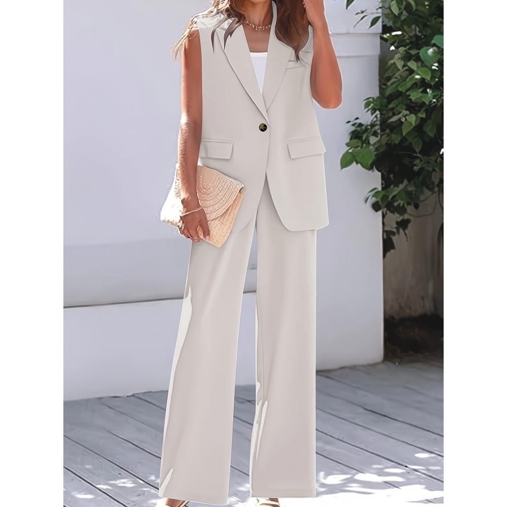 Plus Size Elegant Plain Suit Set, Single Breasted Sleeveless Vest & Straight Leg Pants Outfits, Women's Plus Size Clothing