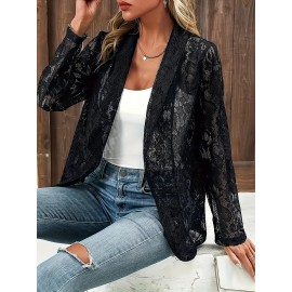 Elegant Plus Size Floral Lace Long Sleeve Open Front Blazer for Women - Stylish and Chic Clothing