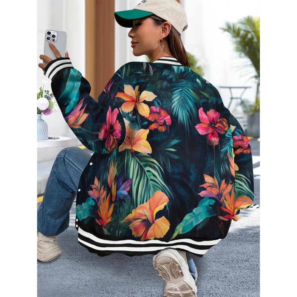 Plus Size Women's Hawaiian Print Baseball Jacket Hoodie - Tropical Hibiscus & Palm Leaf Aloha Coat, Lightweight Long Sleeve Split Hem Hawaiian Shirt Style Outerwear for Vacation, Beach Parties & Year-Round Casual Wear