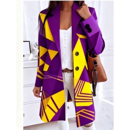 Plus-Size Women's Collar Button- Jacket - Winter-Ready Striped Coat with Chest Pocket, Wrinkle-Resistant Long Sleeve Blazer (Grey/Brown/Beige) for, Casual & Formal Events - Machine Washable Outerwear