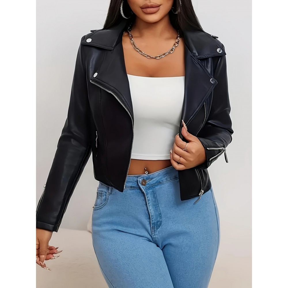 [Plus Size Bomber Jacket] Black Plus Size Women's Casual Jacket | Long Sleeve, Non-Stretch Fabric, Texture, Spring/Fall Outerwear, Zipper Bomber with Flap Pockets