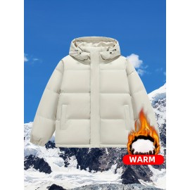 Women's Hooded Outdoor Jacket, Solid Color Plus Size Winter Coat, Fashionable Elegant Loose Fit Long Sleeve Warm Puffer For Fall/Winter