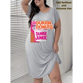 Plus Size Women'S Tops 100% Breathable Short Sleeve Dress with Dunkin Donuts Junkie Print, Perfect for Casual Outings And Everyday Wear.