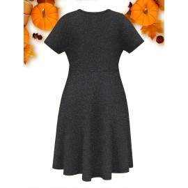 Thanksgiving Alphabet Print Casual Dress- Mid-Length Fabric with Middle Tier, Round Neck, Medium Stretch Polyester, Fall Apparel with 