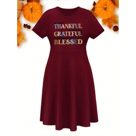 Thanksgiving Alphabet Print Casual Dress- Mid-Length Fabric with Middle Tier, Round Neck, Medium Stretch Polyester, Fall Apparel with 
