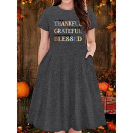 Thanksgiving Alphabet Print Casual Dress- Mid-Length Fabric with Middle Tier, Round Neck, Medium Stretch Polyester, Fall Apparel with 