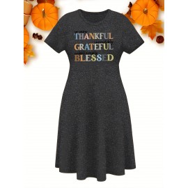 Thanksgiving Alphabet Print Casual Dress- Mid-Length Fabric with Middle Tier, Round Neck, Medium Stretch Polyester, Fall Apparel with 