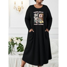Women's Plus Size Murder Shows TV Show Graphic Dress - Cozy Long Sleeve Maxi Dress with Pocket, Crime Scene Tape Print & TV Character Design, Machine Washable Casual Winter Outfit for Fans, Loose Fit Round Neck H-Line Silhouette with Murder Mystery Theme, Autumn/Winter Wear, Relaxed Fit for Everyday Comfort, Comfortable Fabric, Durable Material