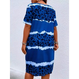 Women's Tunic Dress, Short Sleeve, Knee-Length,, Casual Summer Vacation Style, Loose Fit, Fabric, Patterned Trapeze Hem, No Belt, Pullovers Placket-