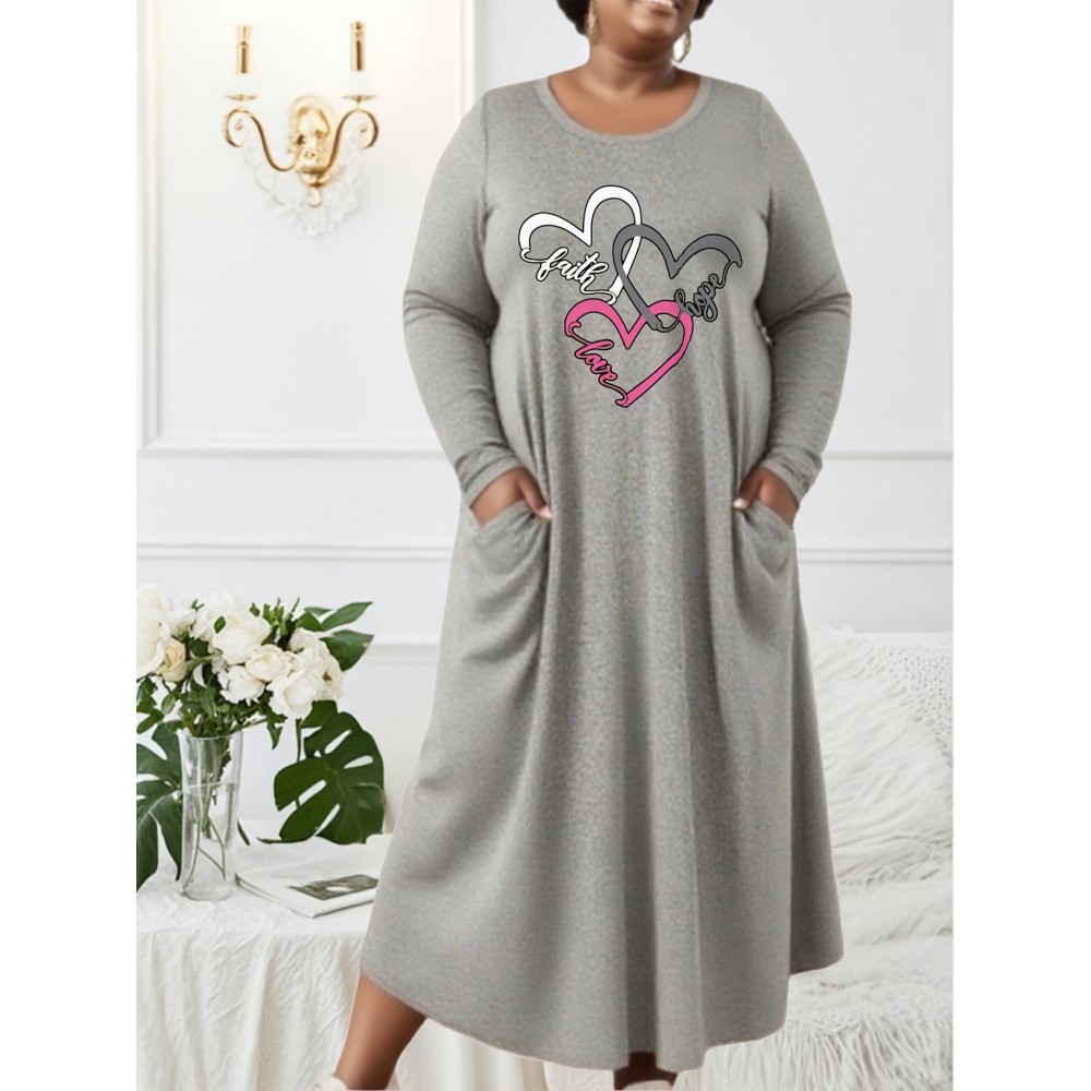 Plus Size, 1pc Women'S Plus Size Long Sleeve Maxi Dress - Elegant Black with Pink Heart & Faith Lettering, Flowy Loose Fit Formal Casual Outfits - Fall/Winter Everyday & Special Occasion Dress for Women, Winter Comfort Clothing, Comfortable Fabric