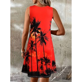 Women'S Tropical Print Sleeveless Beach Dress- Vibrant Pink with Black Palm Tree Design, Round Neck Machine-Washable Lightweight Summer Vacation Dress for Poolside& Casual Outings