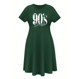 Women'S Plus Size 90'S Retro Bops Graphic Print Vintage 90s Inspired Casual Dress - Short Sleeve Round Neck A-Line Flared Skirt with Puff Sleeve-like Hem, Machine Washable Summer Midi Dress in & Retro Lettering, Loose Fit H-Line Silhouette for Casua