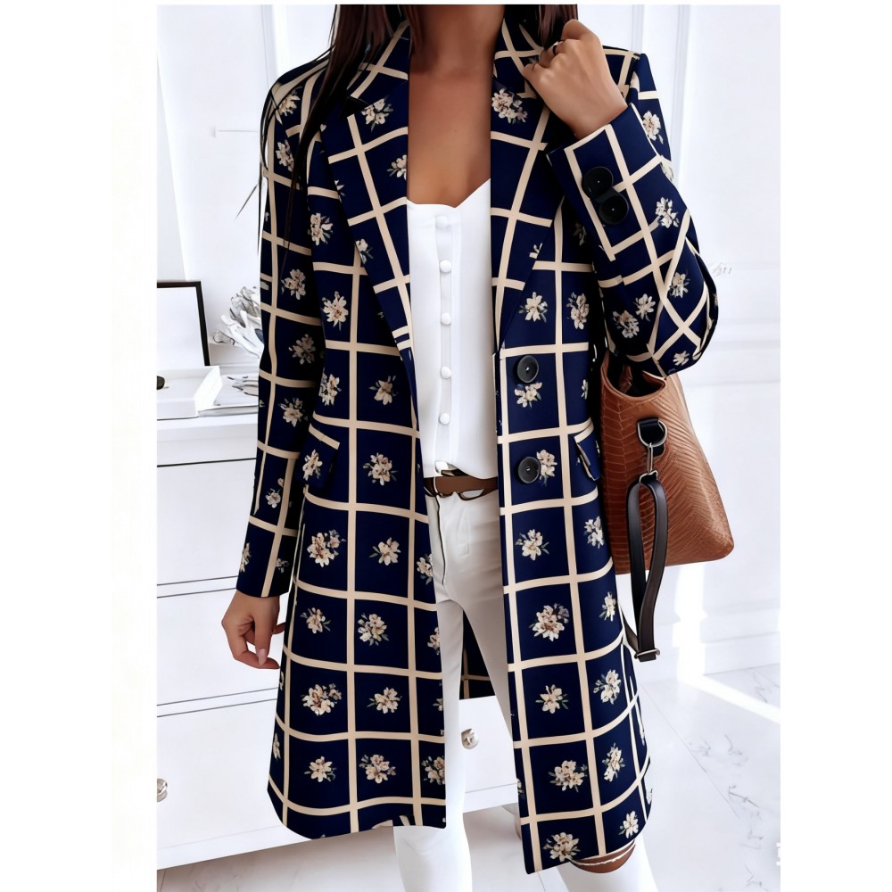 Plus-Size Women'S Winter Warm Collared Button- Long-Sleeve Coat Jacket with Navy & Plaid Print, Golden-Tone Lapel Collar & Chest Pocket - Casual to Semi-Formal Outerwear for Autumn & Winter, Durable Easy-Care Fabric (No Shrinkage) - Versatile Everyd